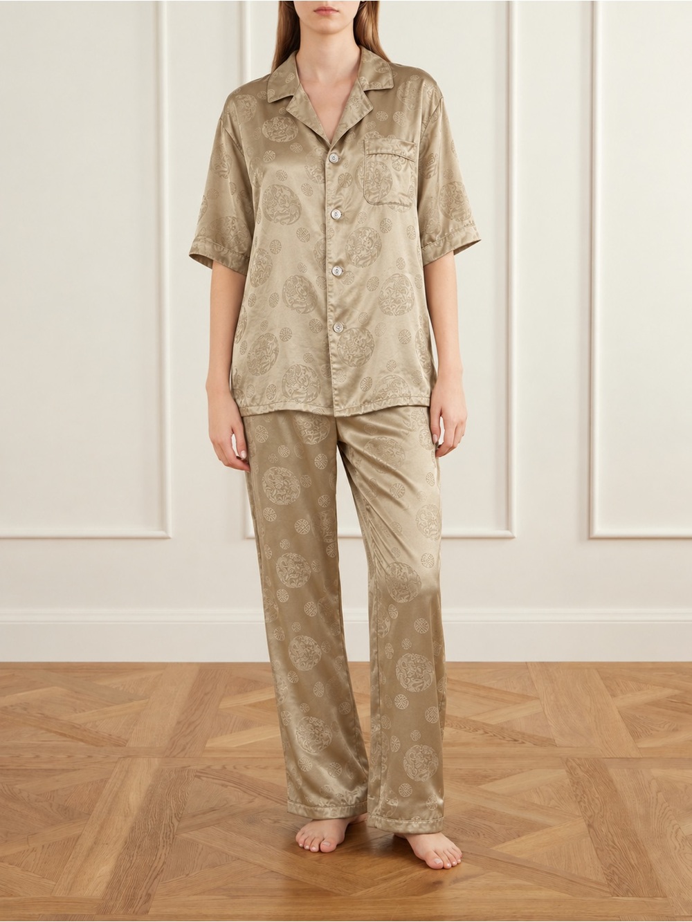 XINYUAN 100% Silk Jacquard Pajama Set Champagne Gold Dragon Short Sleeve Asian